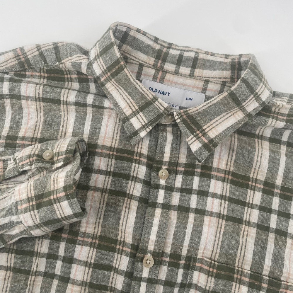 Old Navy Button Down Shirt Mens XL Green Plaid Slim Fit Linen Blend Long Sleeve